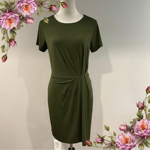Elegant dark Olive Green Short sleeve mini Dress size small - Picture 1 of 12